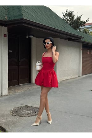 Kadın Pembe Halter Yaka Balon Mini Elbise YEL221709