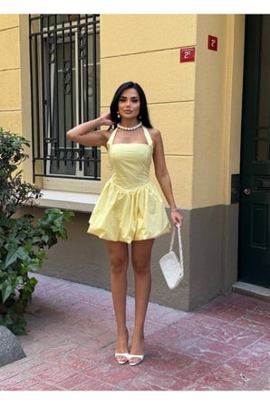 Kadın Sarı Halter Yaka Balon Mini Elbise YEL221709