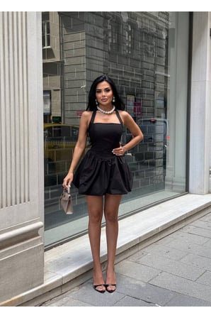Kadın Pembe Halter Yaka Balon Mini Elbise YEL221709