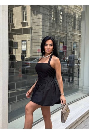 Kadın Siyah Halter Yaka Balon Mini Elbise YEL221709