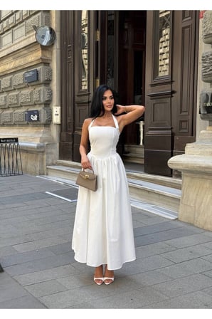 Kadın Sarı Halter Yaka Sırtı Gipe Detaylı Maxi Elbise YEL221713