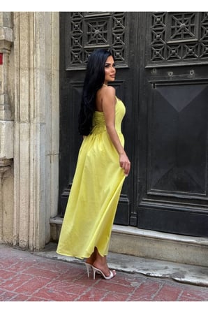 Kadın Sarı Halter Yaka Sırtı Gipe Detaylı Maxi Elbise YEL221713