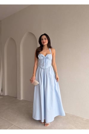 Kadın Sarı Halter Yaka Korse Detaylı Maxi Elbise YEL221823