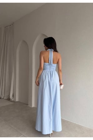 Kadın Sarı Halter Yaka Korse Detaylı Maxi Elbise YEL221823
