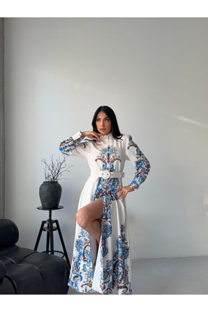 Kadın Beyaz Atlas Kumaş Tam Boy Düğmeli Kemerli Maxi Elbise JEN2640