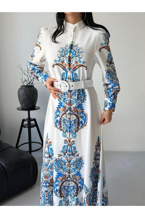 Kadın Beyaz Atlas Kumaş Tam Boy Düğmeli Kemerli Maxi Elbise JEN2640