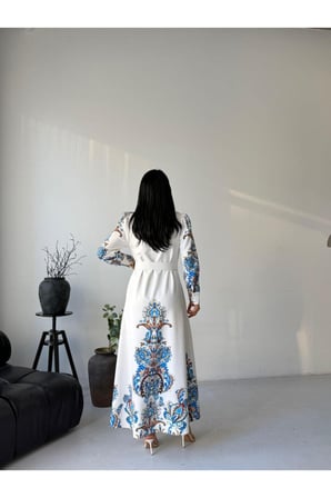 Kadın Beyaz Atlas Kumaş Tam Boy Düğmeli Kemerli Maxi Elbise JEN2640