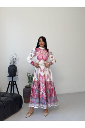 Kadın Lacivert-Camel Atlas Kumaş Dik Yaka Kemerli Maxi Elbise JEN2639