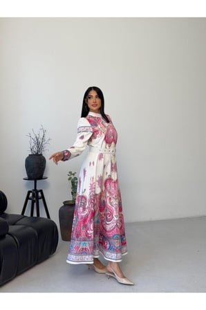Kadın Lacivert-Camel Atlas Kumaş Dik Yaka Kemerli Maxi Elbise JEN2639
