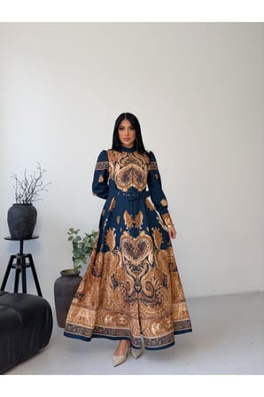 Kadın Lacivert-Camel Atlas Kumaş Dik Yaka Kemerli Maxi Elbise JEN2639