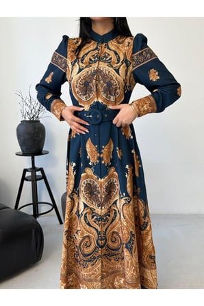 Kadın Lacivert-Camel Atlas Kumaş Dik Yaka Kemerli Maxi Elbise JEN2639