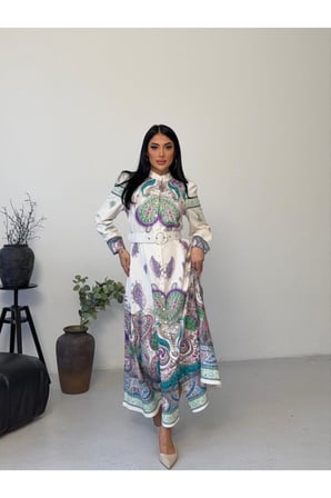 Kadın Lacivert-Camel Atlas Kumaş Dik Yaka Kemerli Maxi Elbise JEN2639