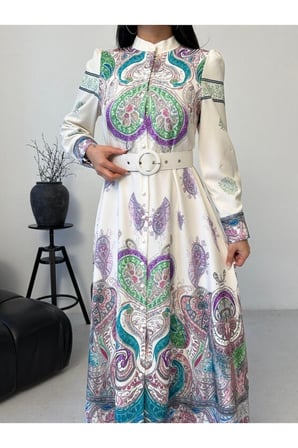 Kadın Lacivert-Camel Atlas Kumaş Dik Yaka Kemerli Maxi Elbise JEN2639
