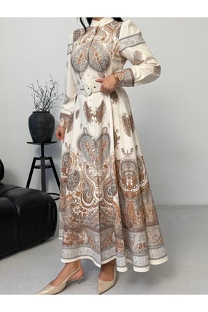Kadın Ekru-Camel Atlas Kumaş Dik Yaka Kemerli Maxi Elbise JEN2639