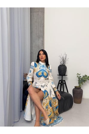 Kadın Lacivert-Camel Atlas Kumaş Dik Yaka Kemerli Maxi Elbise JEN2639