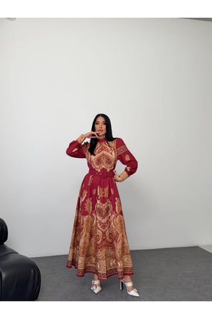 Kadın Lacivert-Camel Atlas Kumaş Dik Yaka Kemerli Maxi Elbise JEN2639