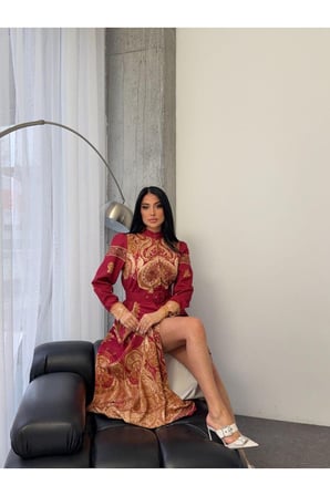 Kadın Lacivert-Camel Atlas Kumaş Dik Yaka Kemerli Maxi Elbise JEN2639