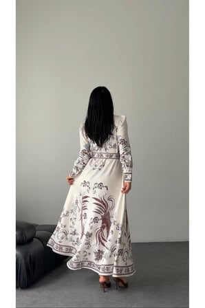 Kadın Ekru-Bordo Atlas Kumaş Dik Yaka Kemerli Maxi Elbise JEN2646