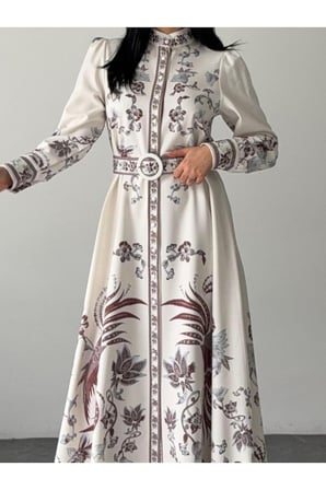 Kadın Ekru-Bordo Atlas Kumaş Dik Yaka Kemerli Maxi Elbise JEN2646