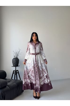 Kadın Beyaz-Bordo Atlas Kumaş Gömlek Yaka Etnik Desenli Kemerli Maxi Elbise JEN2648