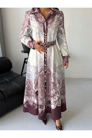 Kadın Beyaz-Bordo Atlas Kumaş Gömlek Yaka Etnik Desenli Kemerli Maxi Elbise JEN2648