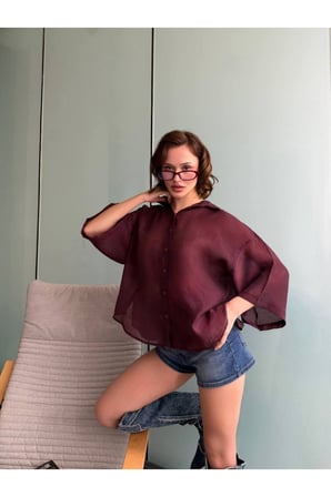 Kadın Bordo Oversize Kapri Kol Gömlek YEL221818
