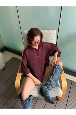 Kadın Bordo Oversize Kapri Kol Gömlek YEL221818