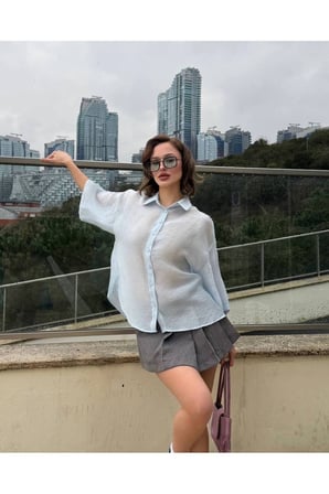 Kadın Mavi Oversize Kapri Kol Gömlek YEL221818