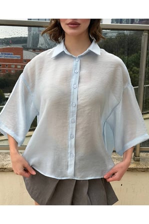 Kadın Mavi Oversize Kapri Kol Gömlek YEL221818