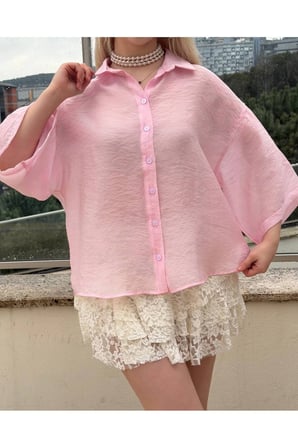 Kadın Pembe Oversize Kapri Kol Gömlek YEL221818