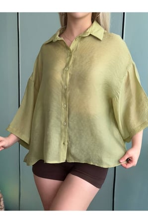 Kadın Yağ Yeşili Oversize Kapri Kol Gömlek YEL221818