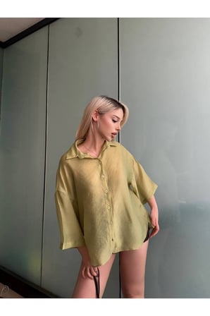 Kadın Yağ Yeşili Oversize Kapri Kol Gömlek YEL221818
