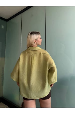 Kadın Yağ Yeşili Oversize Kapri Kol Gömlek YEL221818