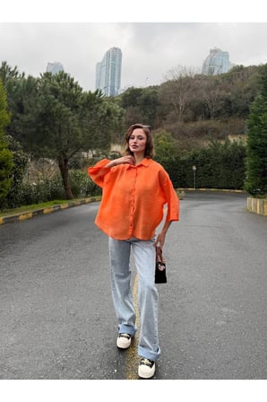 Kadın Yağ Yeşili Oversize Kapri Kol Gömlek YEL221818