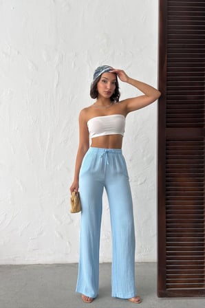 Kadın Mavi Beli Bağlama Detaylı Müslin Pantolon NJ131