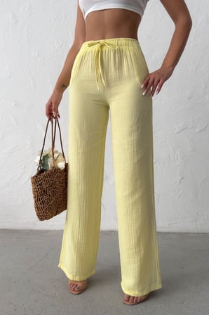 Kadın Kahverengi Beli Bağlama Detaylı Müslin Pantolon NJ131