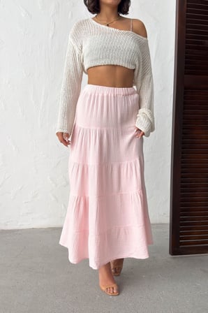 Kadın Beyaz Beli Lastikli Müslin Midi Etek NJ132