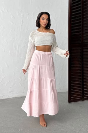 Kadın Beyaz Beli Lastikli Müslin Midi Etek NJ132
