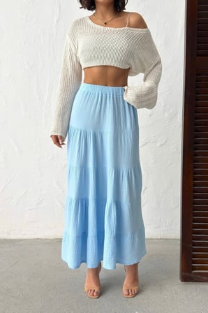 Kadın Mavi Beli Lastikli Müslin Midi Etek NJ132