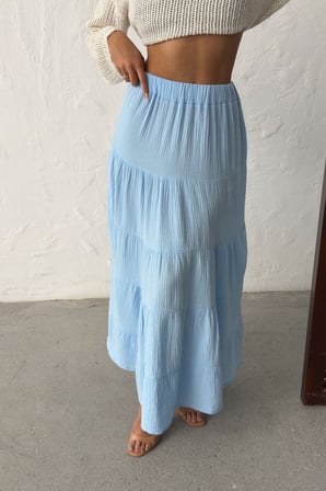 Kadın Mavi Beli Lastikli Müslin Midi Etek NJ132