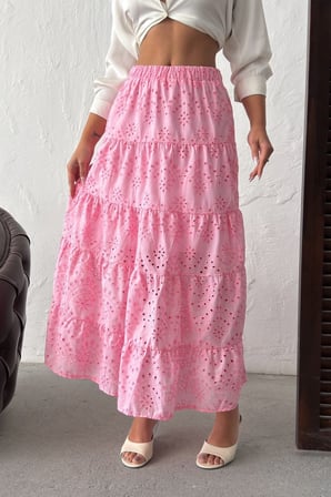 Kadın Pembe Elastik Bel Fisto Maxi Etek NJ134