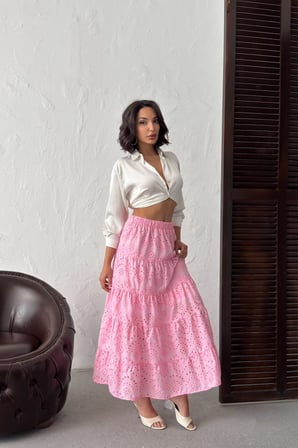 Kadın Pembe Elastik Bel Fisto Maxi Etek NJ134