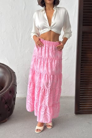 Kadın Pembe Elastik Bel Fisto Maxi Etek NJ134