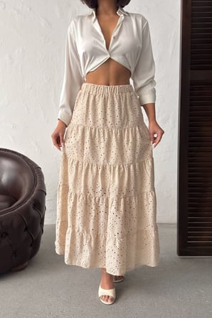 Kadın Bej Elastik Bel Fisto Maxi Etek NJ134