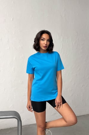Kadın Saks Bisiklet Yaka Kısa Kollu Basic T-Shirt NJ135