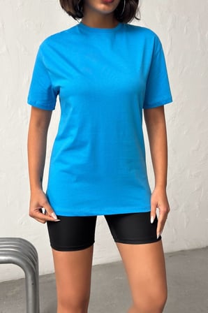 Kadın Saks Bisiklet Yaka Kısa Kollu Basic T-Shirt NJ135