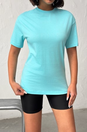 Kadın Turkuaz Bisiklet Yaka Kısa Kollu Basic T-Shirt NJ135