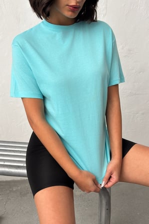 Kadın Turkuaz Bisiklet Yaka Kısa Kollu Basic T-Shirt NJ135