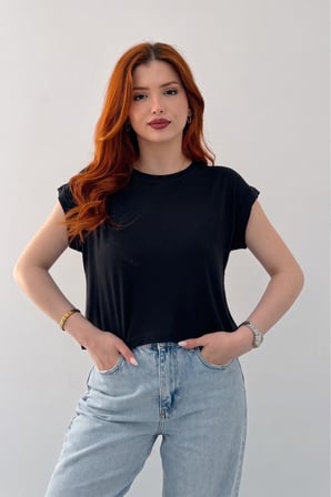 Kadın Lacivert Bisiklet Yaka Kısa Basic T-Shirt NJ137