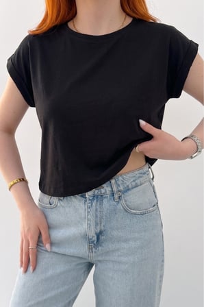 Kadın Lacivert Bisiklet Yaka Kısa Basic T-Shirt NJ137